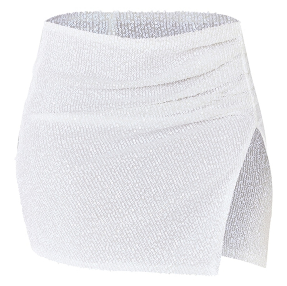 Shape White Sequin Ruched Side Low Rise Micro Mini Skirt